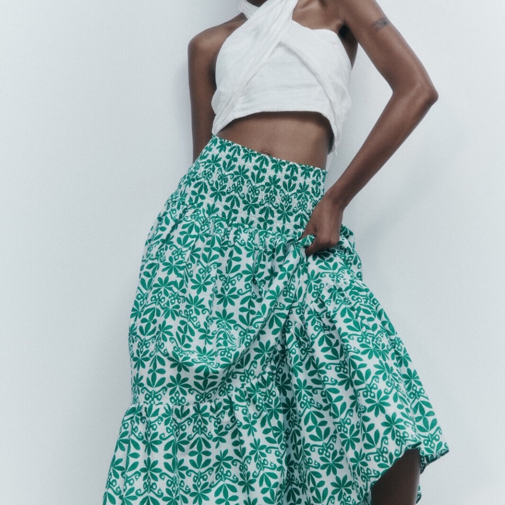 Zara Women Summer Bohemian Green Long Printed Maxi Skirt 100% Cotton